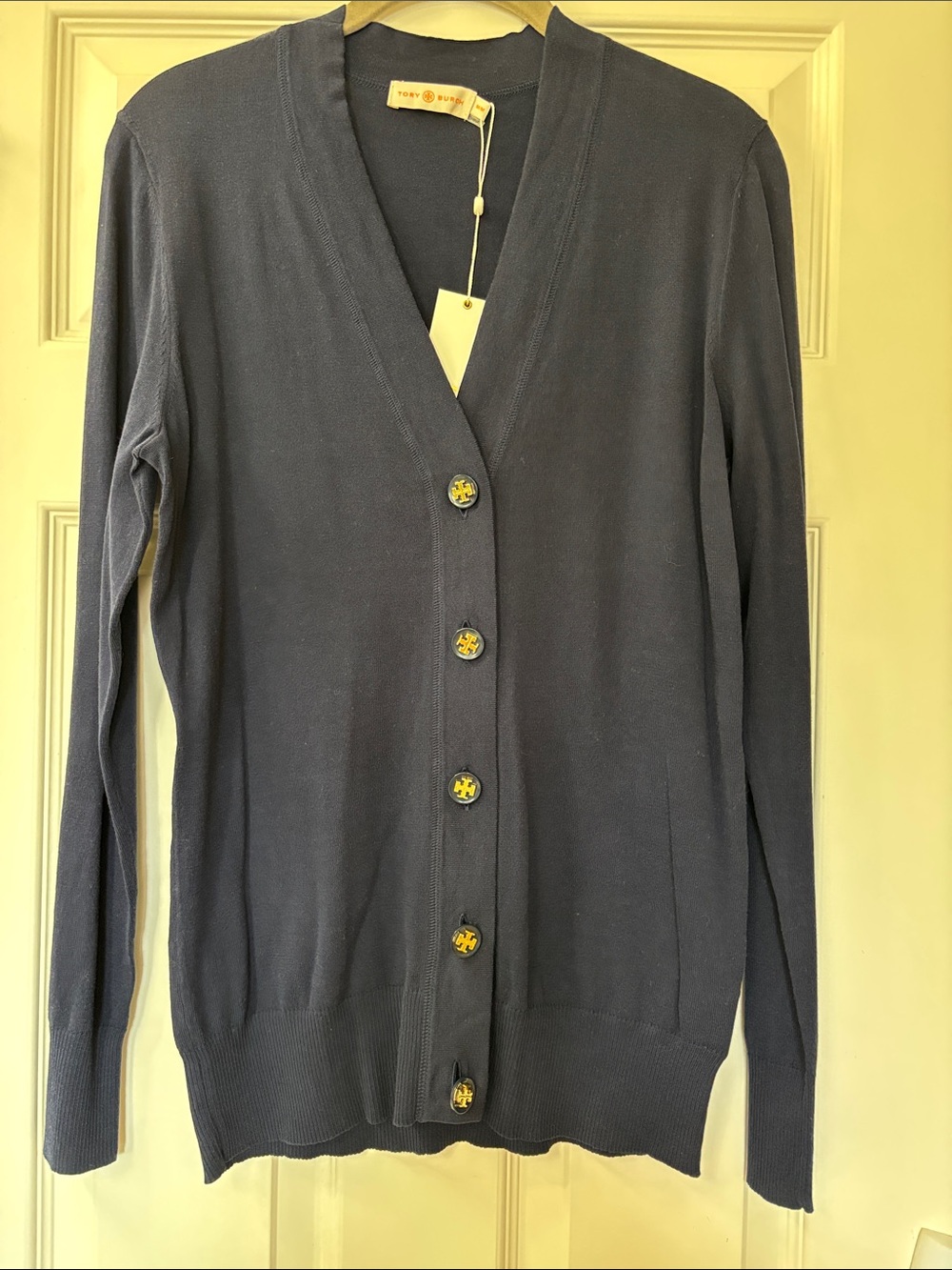 Tory Burch Navy V‑Neck Button Cardigan with Gold-Tone Buttons